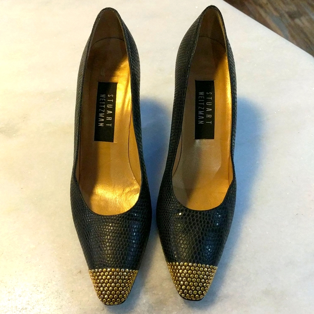 Stuart Weitzman black pebble with gold stud pumps